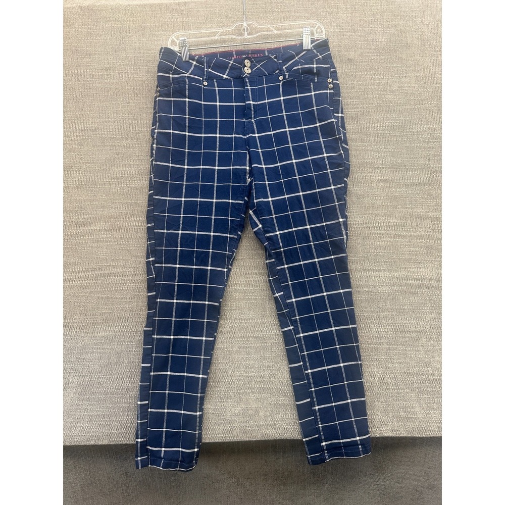 Sabrina Lauren Pants Womens 14 White Blue Windowpane High Rise Stretch Skinny